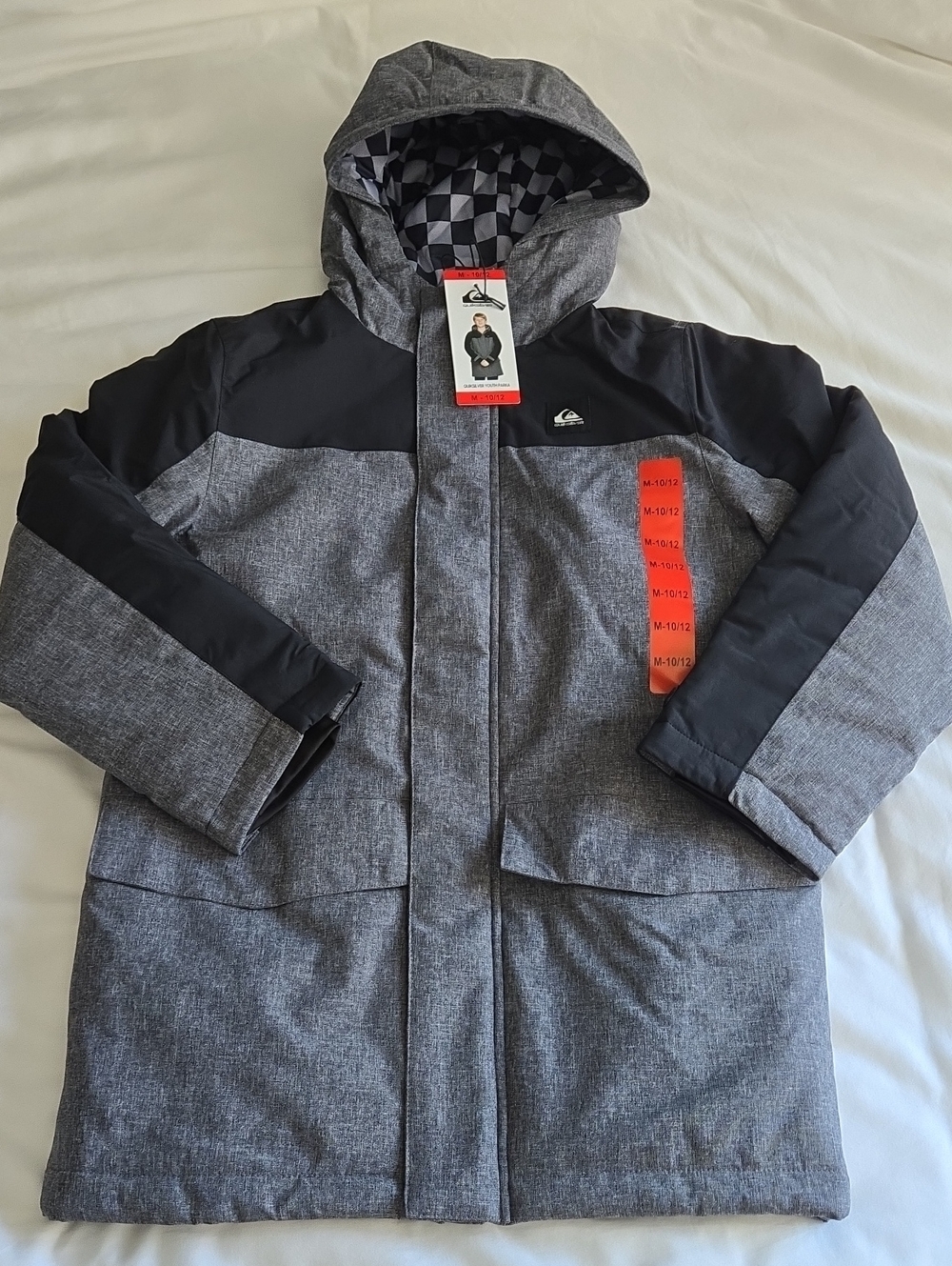 Quiksilver Youth Kids Gray & Black Checkerboard Lined Hooded Parka Puffer Jacket